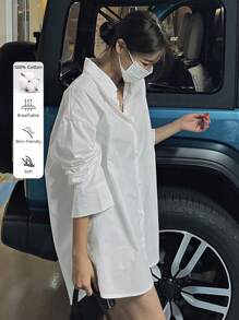 DAZY 女士纯色长袖衬衫，商务休闲风格 - 白色 - 查看 8