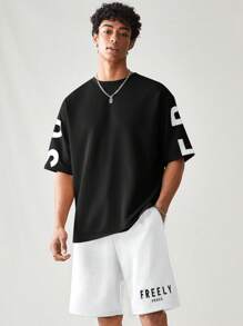 SWAVVY 2 件套男士休闲字母印花短袖 T 恤和短裤夏季服装，学校 - 黑與白 - 查看 4