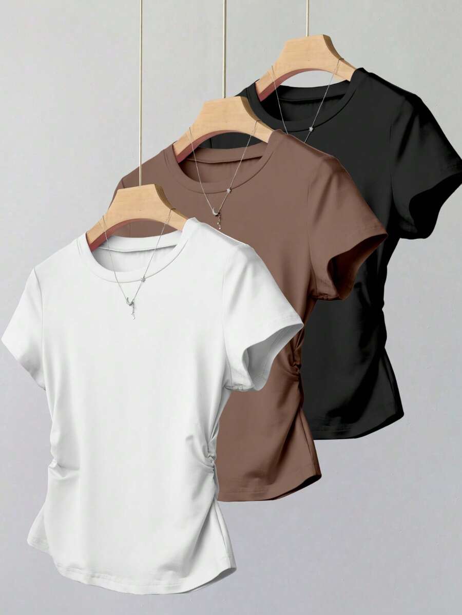 Teen Girl Casual Versatile Solid Color 3pcs Set Cinched Waist Short Sleeve T-Shirt Top - Multicolor - View 1