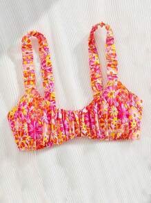 Swim Mod Spring Break Tropical Floral Ruched Wide Strap Wireless Sexy Women Vacation Bikini Swimwear Top For Summer - Multicolor - View 6