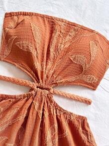 Soleia 女士棕色柳条叶纹理面料露肩镂空收腰连体裤，适合度假、海滩、音乐节、嬉皮士、派对、约会、下午茶 - 棕色 - 查看 6