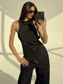 Aloruh Parte superior con escote halter sin espalda de unicolor para mujer