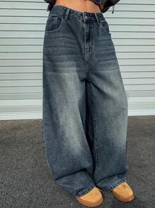 DAZY Vintage Loose Street Wash Faded Wide-Leg Women Baggy Jeans Y2k