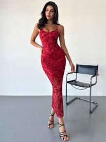 Firerie 女士优雅简约红色花卉印花系带紧身连衣裙，适合日常、度假、婚礼、派对、音乐节、春夏季 - 紅色 - 查看 4