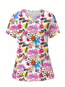 PopScrub Women Graffiti Allover Print Short Sleeve Scrub Uniform Top - Multicolor - View 6
