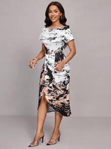 Lyxana Damen Lässig Pendler Kleid mit asymmetrischem Ausschnitt und Muster, gestrickt