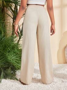 SHEIN Tween Girls' Casual Everyday Woven Texture Elastic Waist Pocket Wide Leg Pants, Spring/Summer