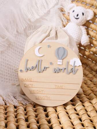 SHEIN Newborn Baby Milestone Wooden Sign Plaque Decor, "Hello World" Birth Announcement Ornament