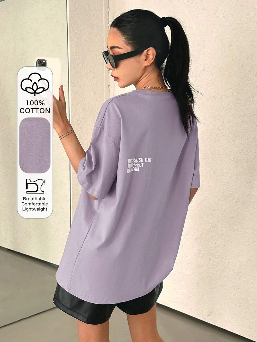 DAZY Slogan Graphic Drop Vai Tee CHERISH HIỆU QUẢ THỜI GIAN GIẤC MƠ - Màu Lilac Tím - Xem 1