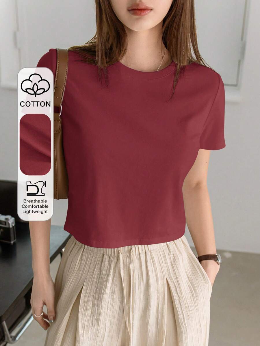 Dazy-Less 女士夏季纯色圆领短袖T恤商务休闲女士工作服 - 紅色 - 查看 1