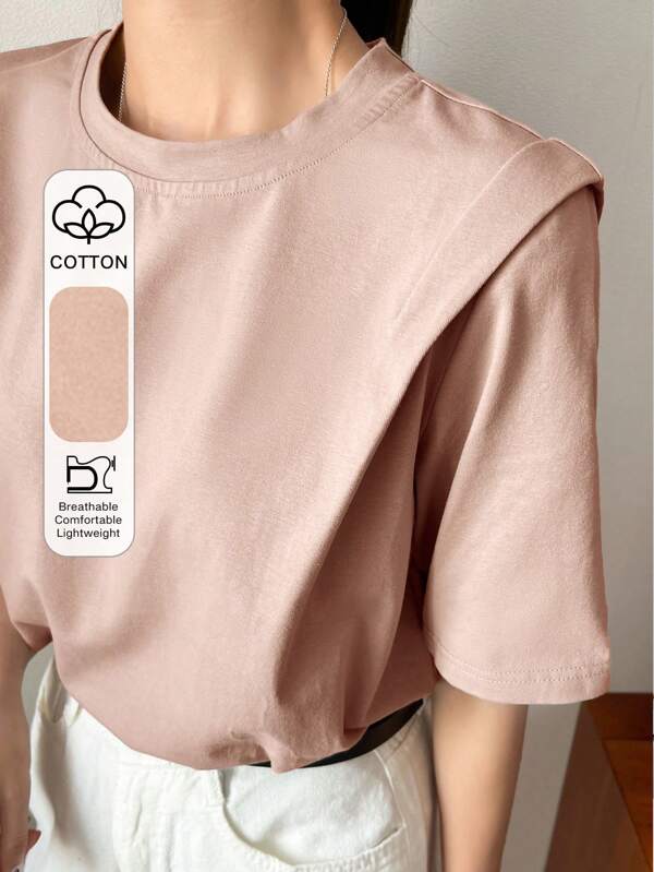 Dazy-Less Women's Summer Solid Color Round Neck Loose Short Sleeve Casual T-Shirt,Business Casual Women