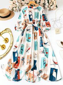 SHEIN LUNE Plus Size Elegant Chic Colorful Print V-Neck Midi Dress With Belt, Slimming Design - Multicolor - View 2