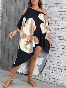 SHEIN VCAY 大码女式花卉印花度假露肩不对称下摆连衣裙