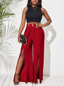SHEIN Tall CURVE Quần dài xẻ tà đơn giản màu trơn cỡ lớn cho nữ, quần dài xẻ tà thường ngày cuối thu cho nữ, quần dài ống rộng cạp cao xẻ tà màu đen vừa vặn cho nữ, trang phục thường ngày thường ngày - Đỏ - Xem 5
