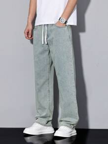 Manfinity Homme Loose Men Drawstring Waist Wide Leg Jeans - Blue - View 4