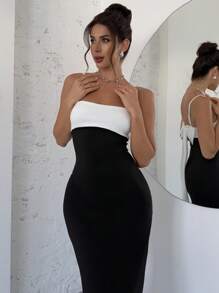 Firerie 女士优雅简约精致浪漫甜美婚礼宾客聚会度假露背双色蝴蝶结装饰黑白无袖长裙，春夏 - 黑與白 - 查看 2