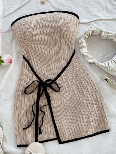 Soleia 休闲舒适拼色系带修身毛衣裙