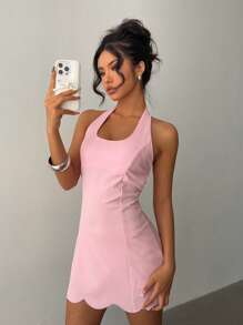 Aloruh 女士纯色蝴蝶结装饰露背吊带粉色迷你连衣裙婚礼宾客礼服女士新娘送礼会礼服白色优雅朴素结婚周年伴娘派对约会性感露背