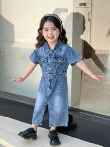 SHEIN Jonge meisjes gewassen blauwe casual split zoom korte mouwen denim jurk, getailleerd minimalistisch en veelzijdig ontwerp, geschikt voor dagelijks gebruik