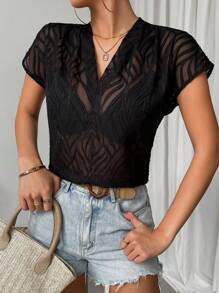 Calvaya Ladies' V-Neck Jacquard Blouse,Short Sleeve Tops