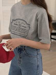 Women's Letter Printed Round Neck T-Shirt Summer - Grey - View 3