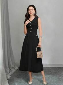 Modelyn 1 Pc Women's Sleeveless V-Neck Solid Color Slim Fit Dress, Minimalist & Fashion - Black - View 4