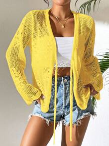 Breezaya Casual Solid Color Hollow Out Knit Tie Front Cardigan Fall Winter Cloth For Women - Yellow - View 5