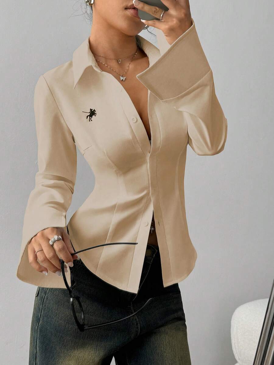 TRNVIE Minimalist Embroidery Decor Fitted Women's Blouse, Suitable For Summer Fall Cloth For Women - Apricot - View 1