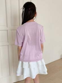 DAZY Tween Girl Letter Print Single-Breasted Short Sleeve Pocket Top And Cake Skirt Casual 2pcs Set - Pink - View 5