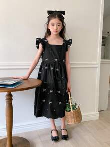 DAZY Tween Girl Fall Clothes Square Collar Cap Sleeve Allover Print Embroidered Woven Summer Dress,Back To School Clothes