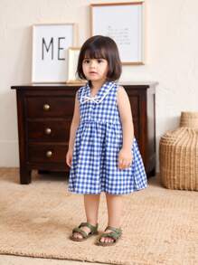 SHEIN Babygirl Summer Cute Vacation Blue Plaid Collar Dress - Blue and White - View 1