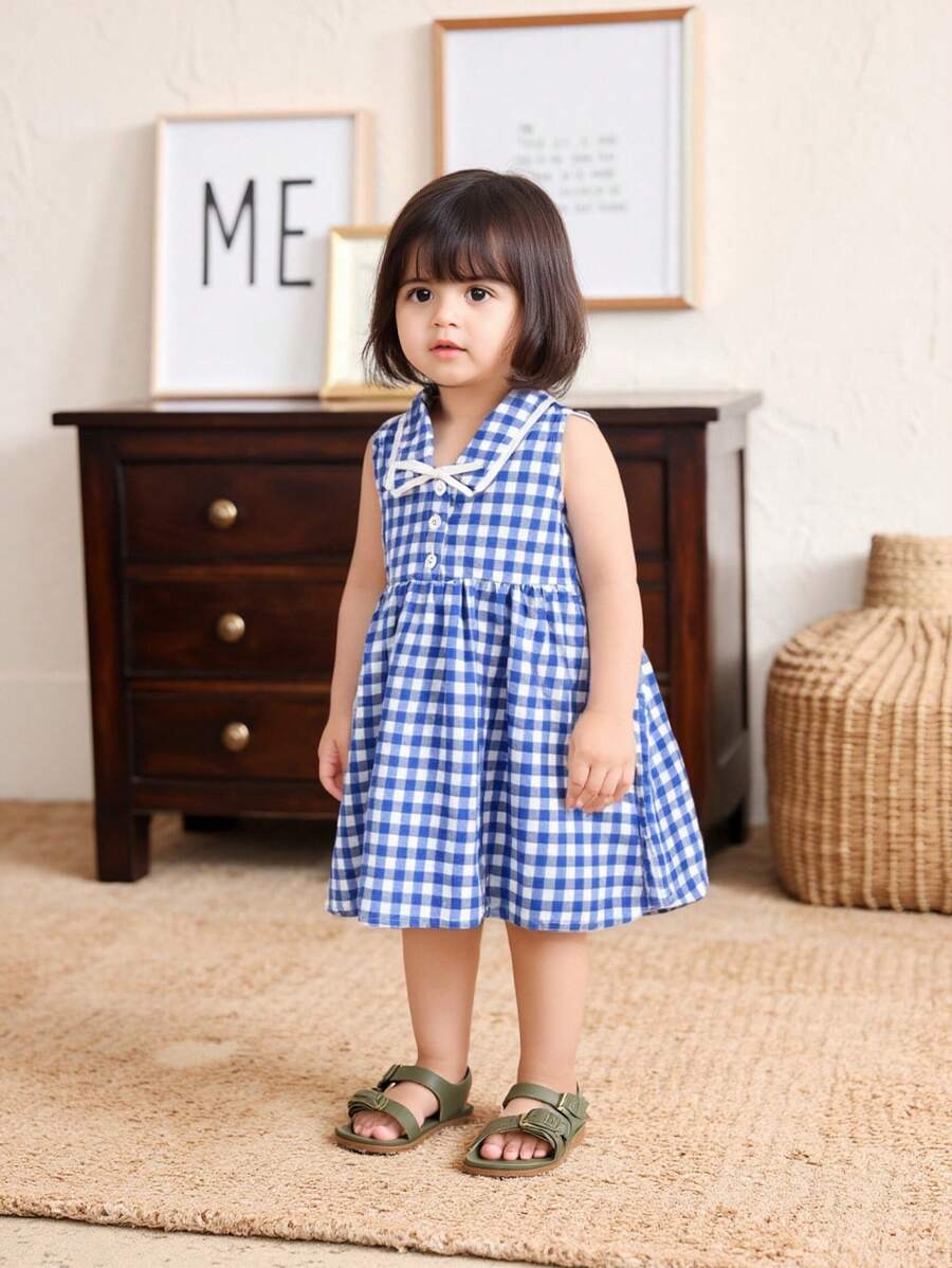 SHEIN Babygirl Summer Cute Vacation Blue Plaid Collar Dress - Blue and White - View 1