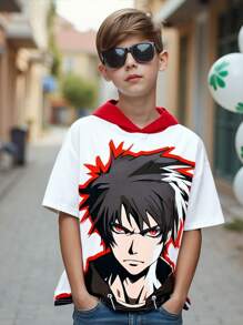 SHEIN 男童休閒對比色帽短袖針織t恤,印有卡通圖案,附帽子 - 彩色 - 查看 6