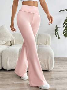 Muchica Women's Solid Flare Pants Fold Over Leggings Stretch Bootcut Flared Yoga Pants Y2k Joggers - Pink - View 1