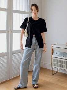 Dazy-Less 女士纯色圆领短袖开衩休闲T恤，夏季商务休闲女式工作服 - 黑色 - 查看 4