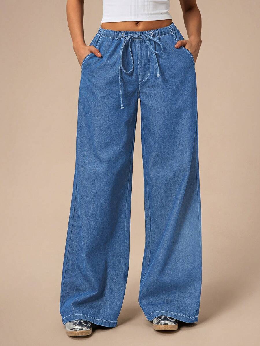 Forever 21 Women's Pockets Wide Leg Loose Casual Versatile Denim Jeans - Baby Blue - View 1