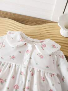 SHEIN LMoss Kids 新生女嬰可愛碎花針織連身褲，附彼得潘領，女嬰款 - 彩色 - 查看 5