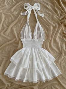 Soleia Summer Sleeveless Multi-Layer Backless Tie Wrap Waist Dress,Sun Dress - White - View 2