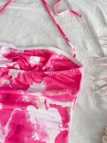 Soleia Vacation Casual Halter Drawstring Asymmetric Hem Tie-Dye Bodycon Dress - Pink - View 4