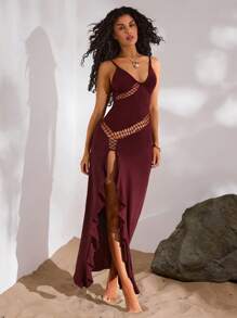 Opulessa 女士性感纯色镂空高开叉细肩带连衣裙 - 酒紅色 - 查看 6
