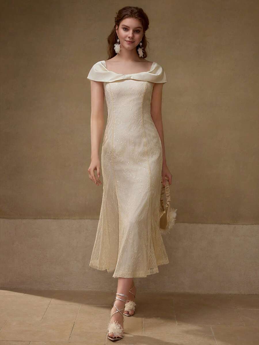 MOTF PREMIUM SEQUIN DETAIL CONTRAST MESH DRESS - Apricot - View 1