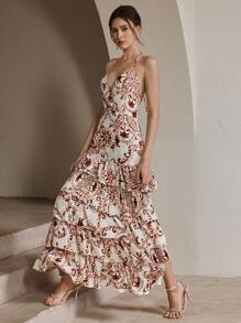 Anewsta Elegant Waterfall Ruffle V-Neck Spaghetti Strap Floral Retro Print Layered Dress, Backless, Suitable For Vacation, Beach, Festival, Summer Outfit For Women