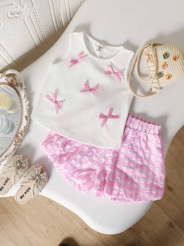 Souflis Souflis 2pcs/Set Young Girl Bow Decor Camisole & Plaid Sweet Shorts, Fresh Look For Summer Holiday, Beach, Outing Summer Holiday