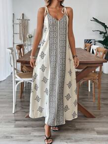 SHEIN Clasi Women's Elegant Casual Vacation Retro Print Loose V-Neck A-Line Dress