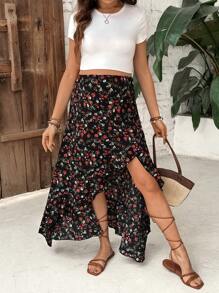 SHEIN Maternity Ditsy Floral Ruffle Hem Split A-Line Skirt - Black - View 3