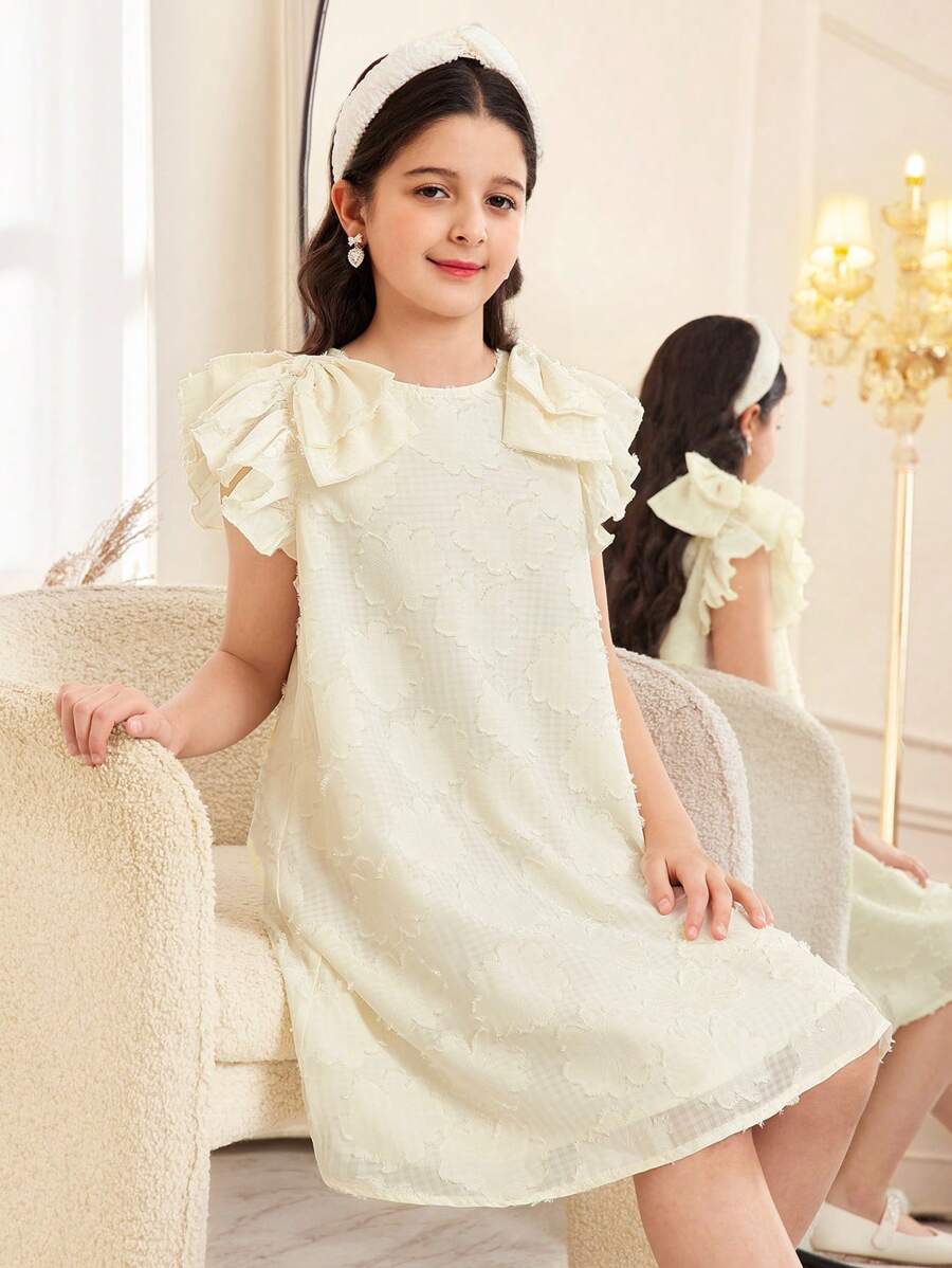 SHEIN Tween Girls' Loose Cute Casual Round Neck Bow Decor Elegant Laser Cut Jacquard Midi Dress
