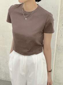 Dazy-Less Solid Crew Neck Crop Tee Old Money Style Summer Business Casual Woman Work Clothes - Brown - View 2