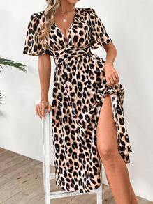SHEIN Clasi Women's Leopard Print Short Sleeve Ruched Midi Dress, Spring/Summer