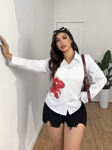 SHEIN EZwear 浪漫休闲罗纹花卉印花前扣腰收腰白色长袖衬衫，春夏 - 白色 - 查看 4