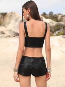Femmeiva Women's American Classic Retro Sexy Crop Top Sequin Embroidered Tank + Super Low-Waisted Shorts Set - Black - View 2